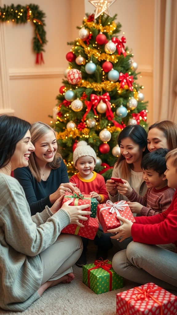 Family exchanging gifts around a Christmas tree, surrounded by decorations and laughter.